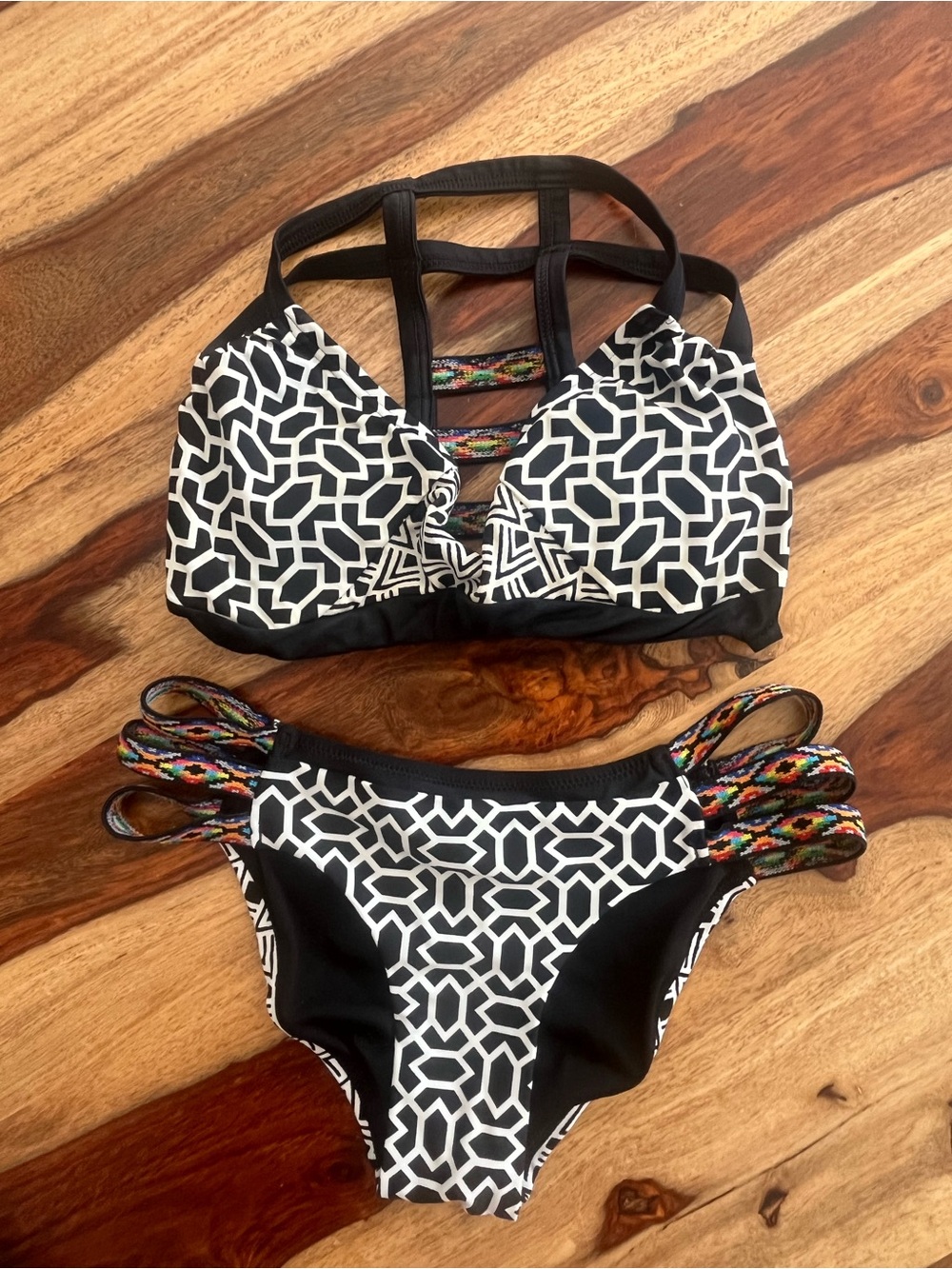 La Vie en Rose Aqua Geometric Strappy Cage Back Ruched Bikini Set